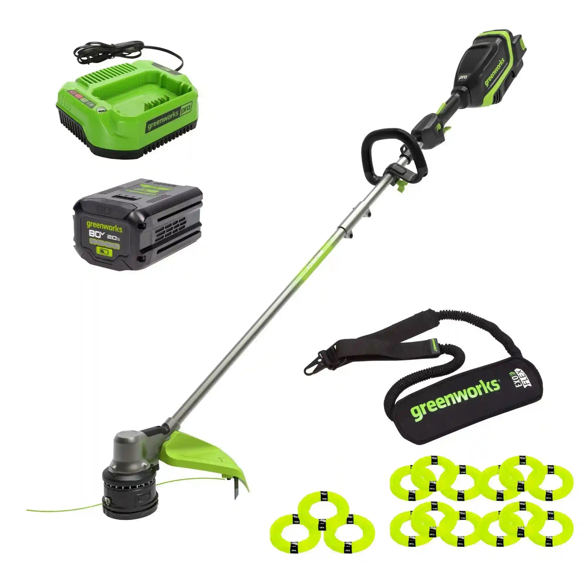 OPEN BOX 80V 17" Brushless String Trimmer Shoulder Strap, Precut Line included: 2.0 Ah Battery and Charger