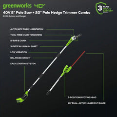 40V 8" Cordless Battery Pole Saw and Hedge Trimmer Attachment: 2.0 Ah Battery and Charger