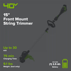 40V 15" Cordless Battery String Trimmer (Front Mount): 2.5 Ah Battery and Charger