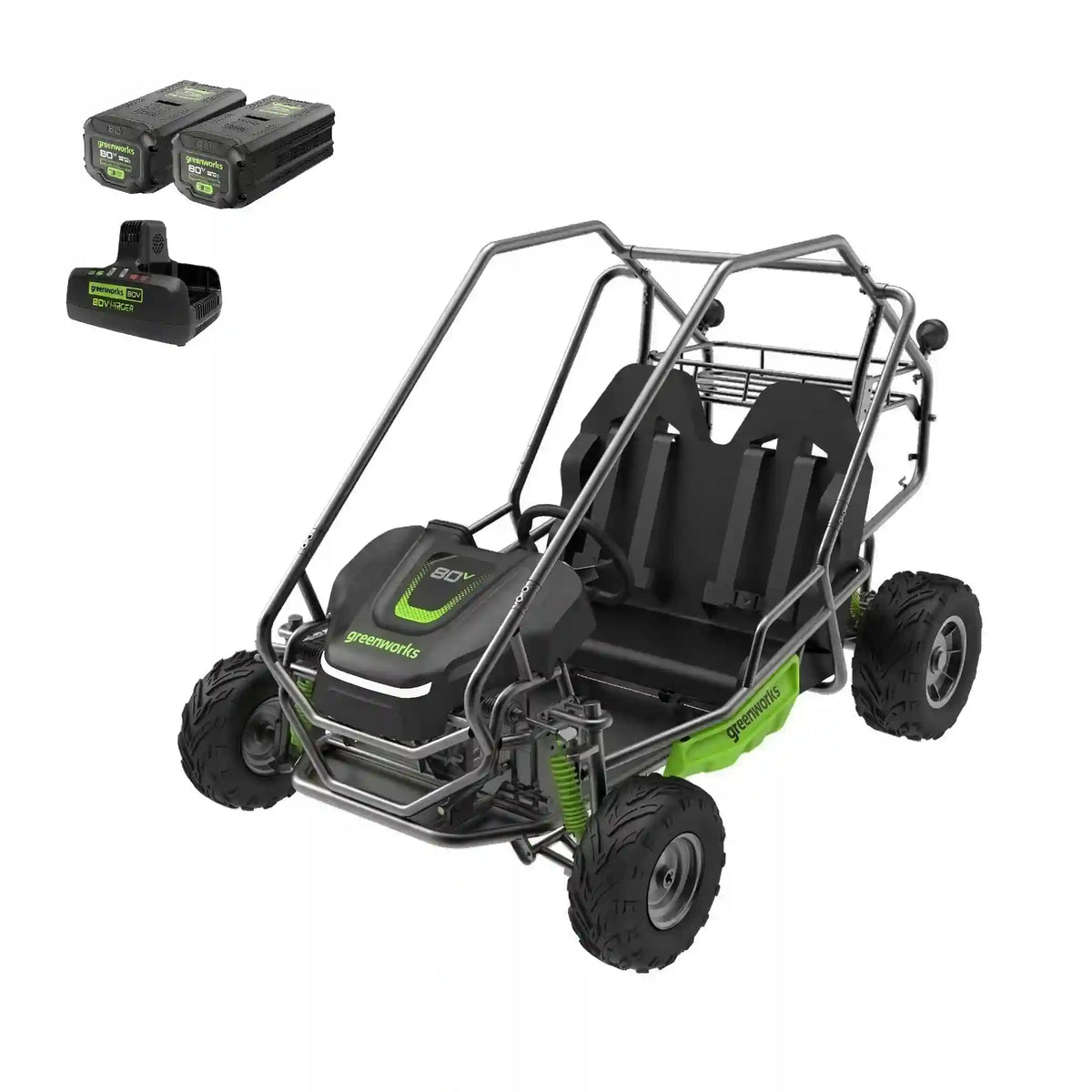 80V All-Terrain 2-Seat Electric Youth Go-Kart: (2) 8Ah Batteries and Dual-Port Charger