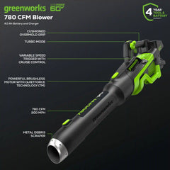 Pro 60V 780CFM Cordless Battery Leaf Blower, 4Ah Battery and Charger