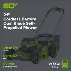 60V 21" Cordless Battery Dual Blade Self-Propelled Mower, (1) 8Ah battery and 6A Charger, LM2146S