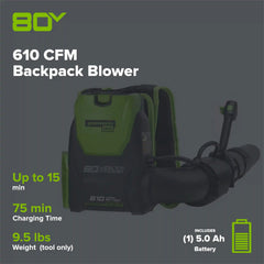 80V 610 CFM Cordless Battery Backpack Blower ,5Ah Battery and Rapid Charger