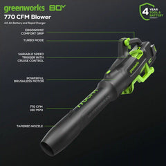 80V 770CFM Cordless Battery Blower, 4Ah Battery and Charger