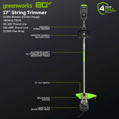 OPEN BOX 80V 17" Brushless String Trimmer Shoulder Strap, Precut Line included: 2.0 Ah Battery and Charger