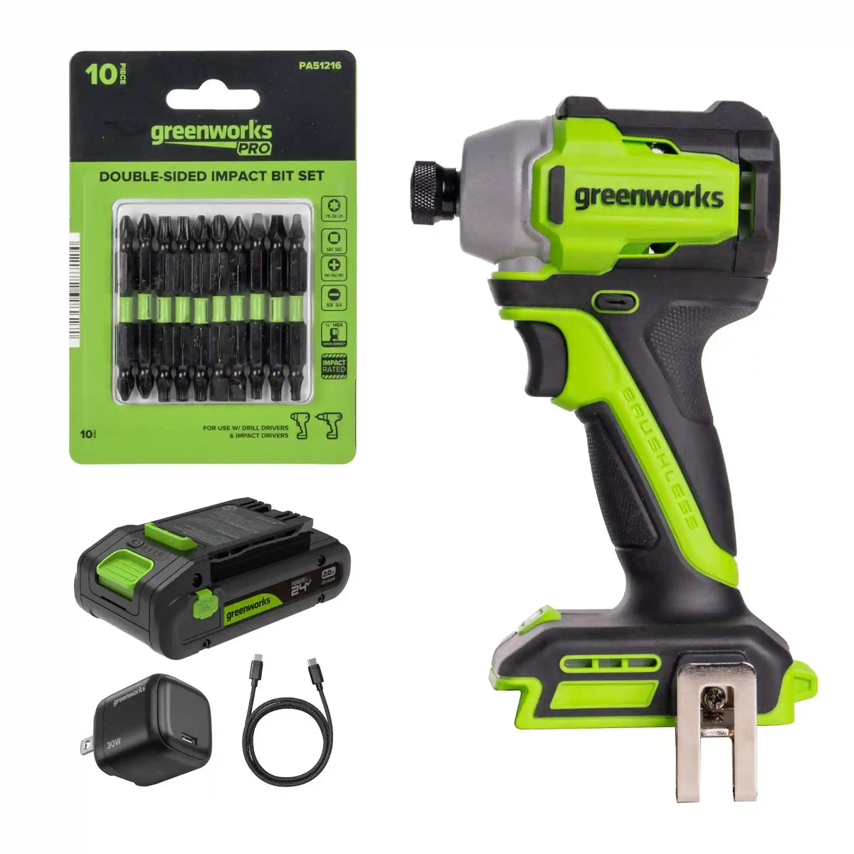 24V PowerAll 1/4" 1900 in-lbs Brushless Impact Driver Kit: (1) 2.0 Ah USB-C Battery, (1) 30W USB-C Charger Block, (1) 3' 100W USB-C Cable, (1) Belt Clip, (1) Pro 10PC Dual Sided Impact Bit Sets