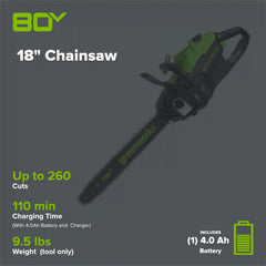 80V 18" 2.5kW Cordless Battery Chainsaw, (1) 4Ah Battery and 2A Charger