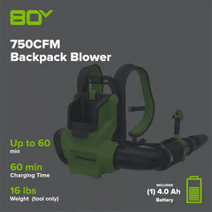 80V 750CFM Cordless Battery Single Port Backpack Blower, 4Ah Battery and Charger
