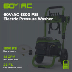 OPEN BOX 60V Hybrid 1800 PSI 1.1 GPM Cold Water Pressure Washer (Tool Only)