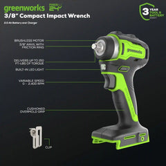 24V 3/8" Cordless Battery Impact Wrench: 2.0 Ah Battery and Charger