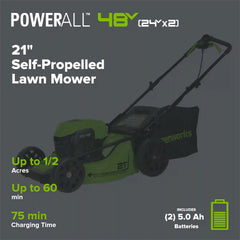 48V (24V x 2) 21" Cordless Battery Self-Propelled Lawn Mower w/ Two (2) 5.0Ah USB Batteries & Dual Port Charger, LM2112S