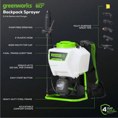 60V Cordless Battery Backpack Sprayer: 2.0 Ah Battery and Charger