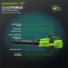 60V 630CFM Cordless Battery Blower: 2.5 Ah Battery and 3A Charger