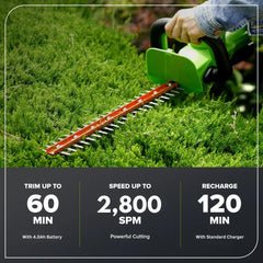 24V 22" Cordless Battery Hedge Trimmer 2800 SPM: 4.0 Ah USB Battery and Charger