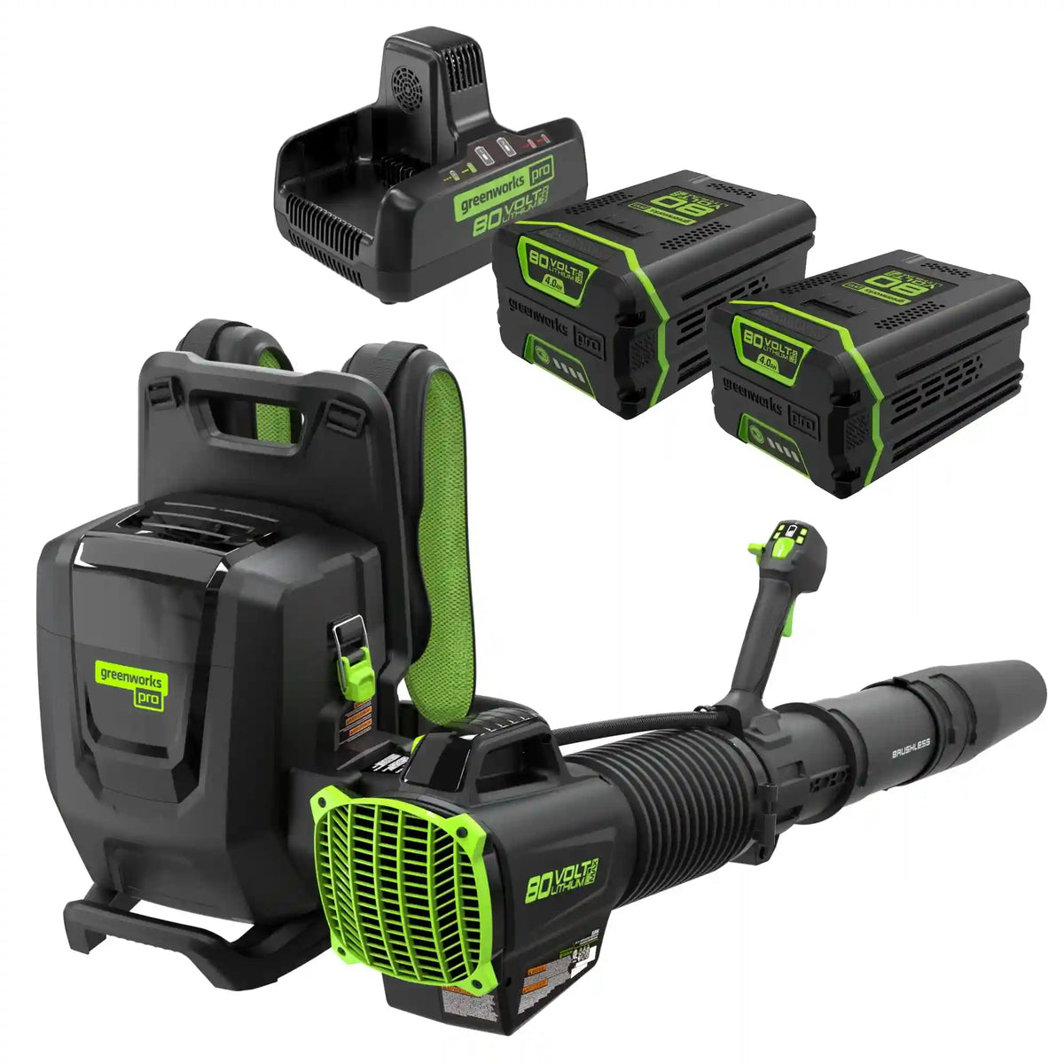 80V 690 CFM Cordless Battery Dual-Port Backpack Blower: (2) 4.0 Ah Batteries and Dual-Port Rapid Charger