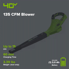 40V 135 CFM Cordless Battery Leaf Blower: 2.0 Ah Battery and Charger