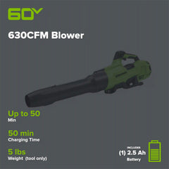 60V 630CFM Cordless Battery Blower: 2.5 Ah Battery and 3A Charger