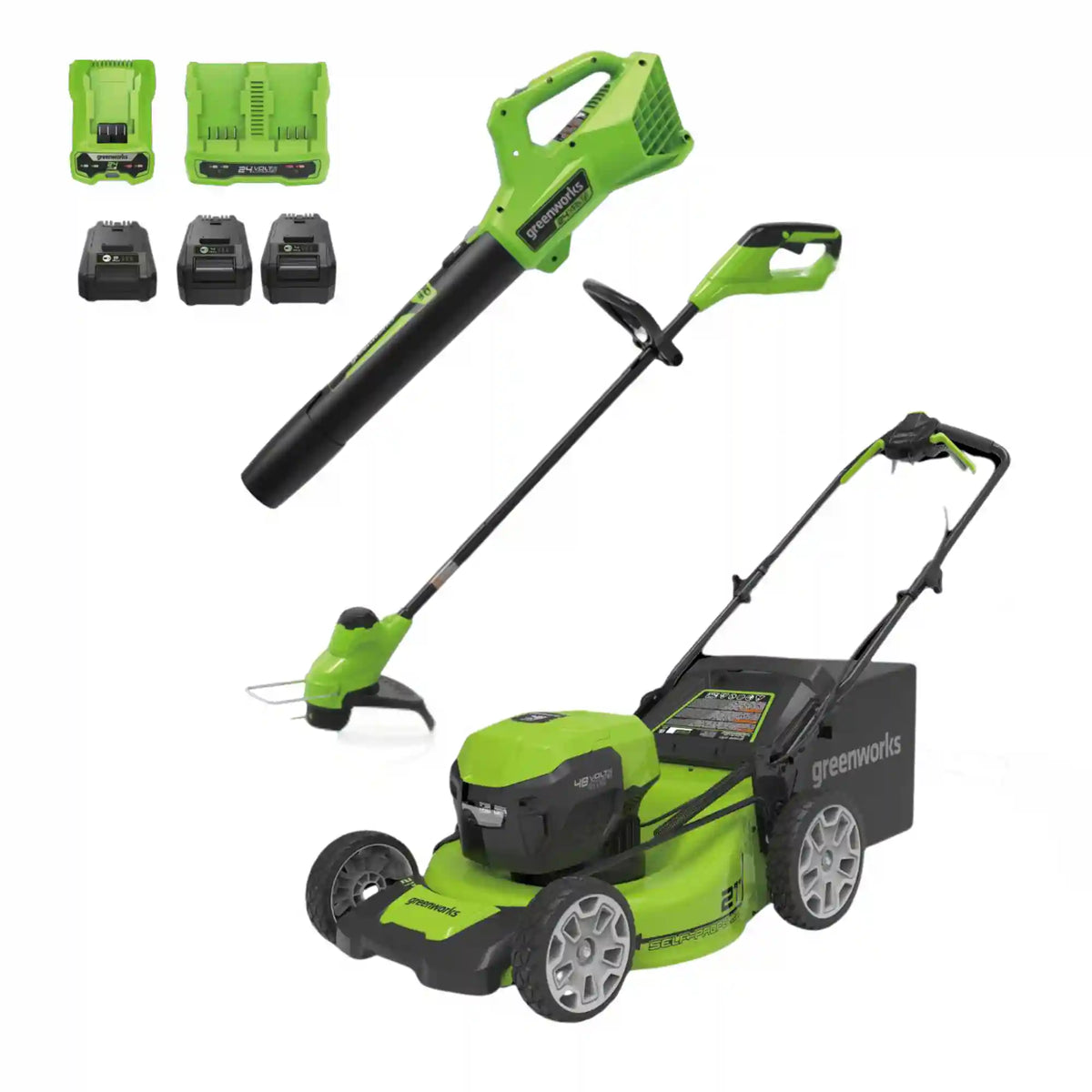 OPEN BOX 48V (24V x 2) 21" Cordless Battery Self-Propelled Mower 3PC Combo Kit: (2) 5.0Ah Batteries,(1) 2.0 Ah Battery,(1) Dual-Port Rapid Charger and (1) Charger