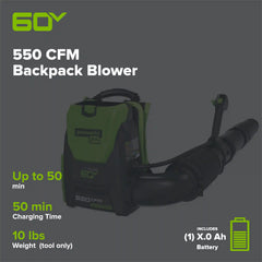 60V 550 CFM Cordless Battery Backpack Blower w/ 5.0Ah Battery & Charger