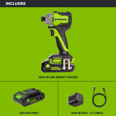 24V PowerAll 1,900 In-Lb Impact Driver, with 2.0 Ah USB-C Battery, 30W USB-C Charger Block, 3' 100W USB-C Cable, Belt Clip
