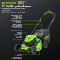 RENEWED 80V 21" Cordless Battery 4-in-1 Self-Propelled Lawn Mower: (1) 4.0 Ah, (1) 2.0 Ah Battery and Rapid Charger, LM2118S