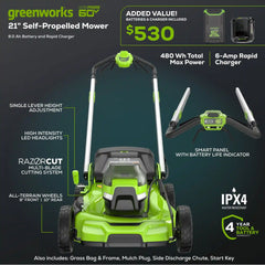 60V 21" Cordless Battery Dual Blade Self-Propelled Mower, (1) 8Ah battery and 6A Charger, LM2146S