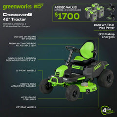 RENEWED 60V 42" Cordless Battery CrossoverT Riding Lawn Mower, (4) 8.0 Ah Batteries and (2) Dual-Port Turbo Chargers, CRT4262