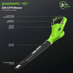 40V 135 CFM Cordless Battery Leaf Blower: 2.0 Ah Battery and Charger