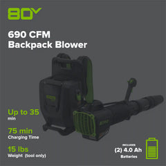 80V 690 CFM Cordless Battery Dual-Port Backpack Blower: (2) 4.0 Ah Batteries and Dual-Port Rapid Charger