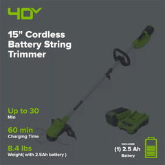 OPEN BOX 40V 15" Cordless Battery String Trimmer, 2Ah Battery and Charger