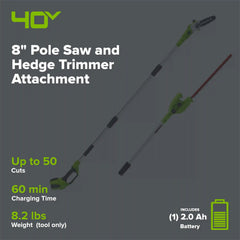 40V 8" Cordless Battery Pole Saw and Hedge Trimmer Attachment: 2.0 Ah Battery and Charger