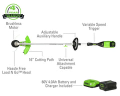60V 16" Cordless Battery String Trimmer (Attachment Capable) and 8" Edger Attachment Combo Kit: 4.0 Ah Battery and Charger