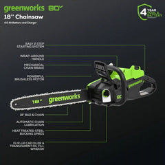80V 18" 2.5kW Cordless Battery Chainsaw, (1) 4Ah Battery and 2A Charger
