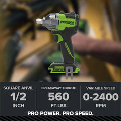 24V PowerAll Pro 560 ft-lb Breakaway Torque 1/2" Impact Wrench, Tool Only