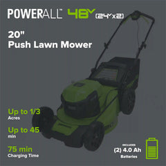 48V (24V x 2) 20" BL Cordless Battery 4-in-1 Push Mower: (4) 4.0Ah Batteries, (1) 4A Dual Port Fast Charger, (1) 20" Hi Lift Blade, LM2002
