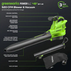 48V (24V x 2) 520 CFM Cordless Battery BL Leaf Blower/Vacuum: (2) 4.0 Ah Battery and Dual-Port Charger