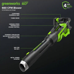 60V 660 CFM Cordless Battery Brushless Leaf Blower: 2.5 Ah Battery and Charger