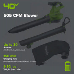40V 505 CFM Cordless Battery BL Leaf Blower/Vacuum (Tool Only)